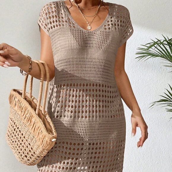 Khaki Boho Women's Hollow Out Batwing Sleeve Cover Up Dress - Picture 4 of 5